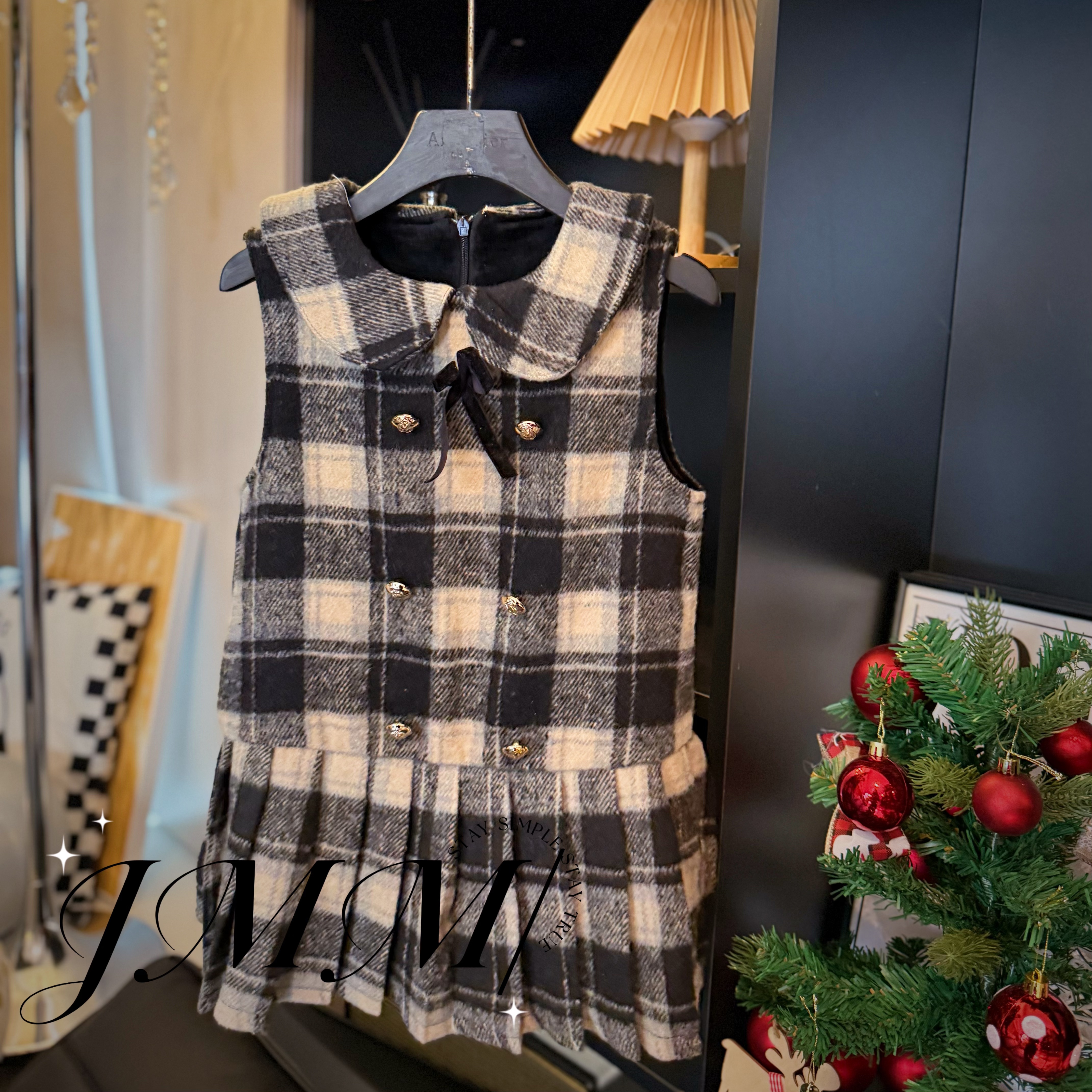 【秋冬款】B054 2024设计师设计黑色系格子马甲裙