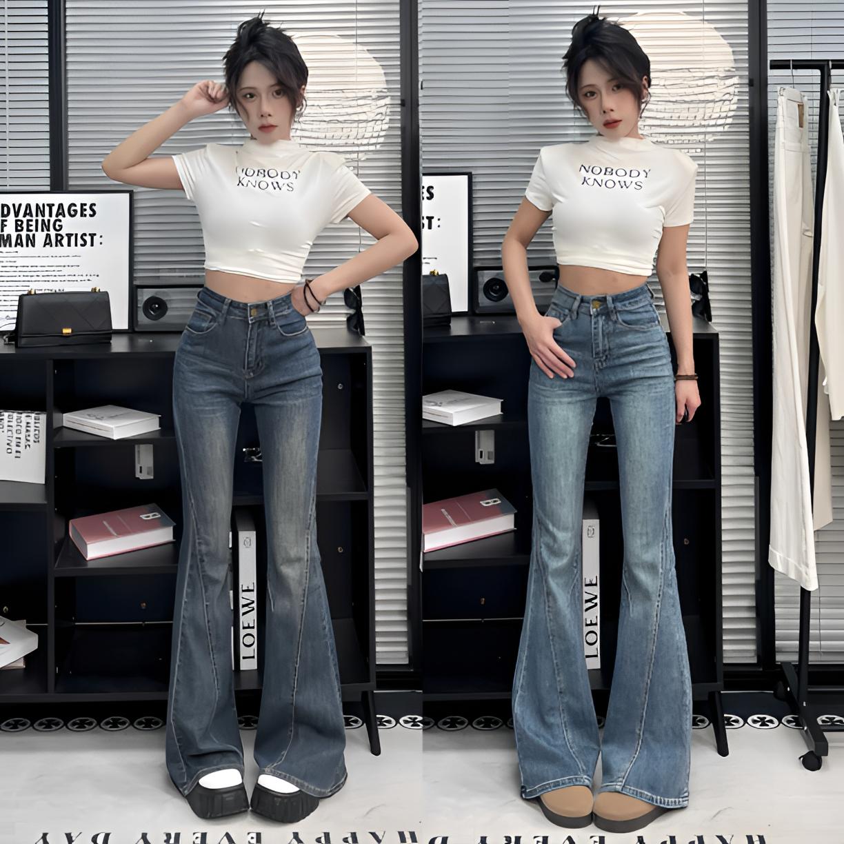 高腰爆款微喇牛仔裤女春夏季新款潮牌辣妹小个子复古弹力喇叭裤
