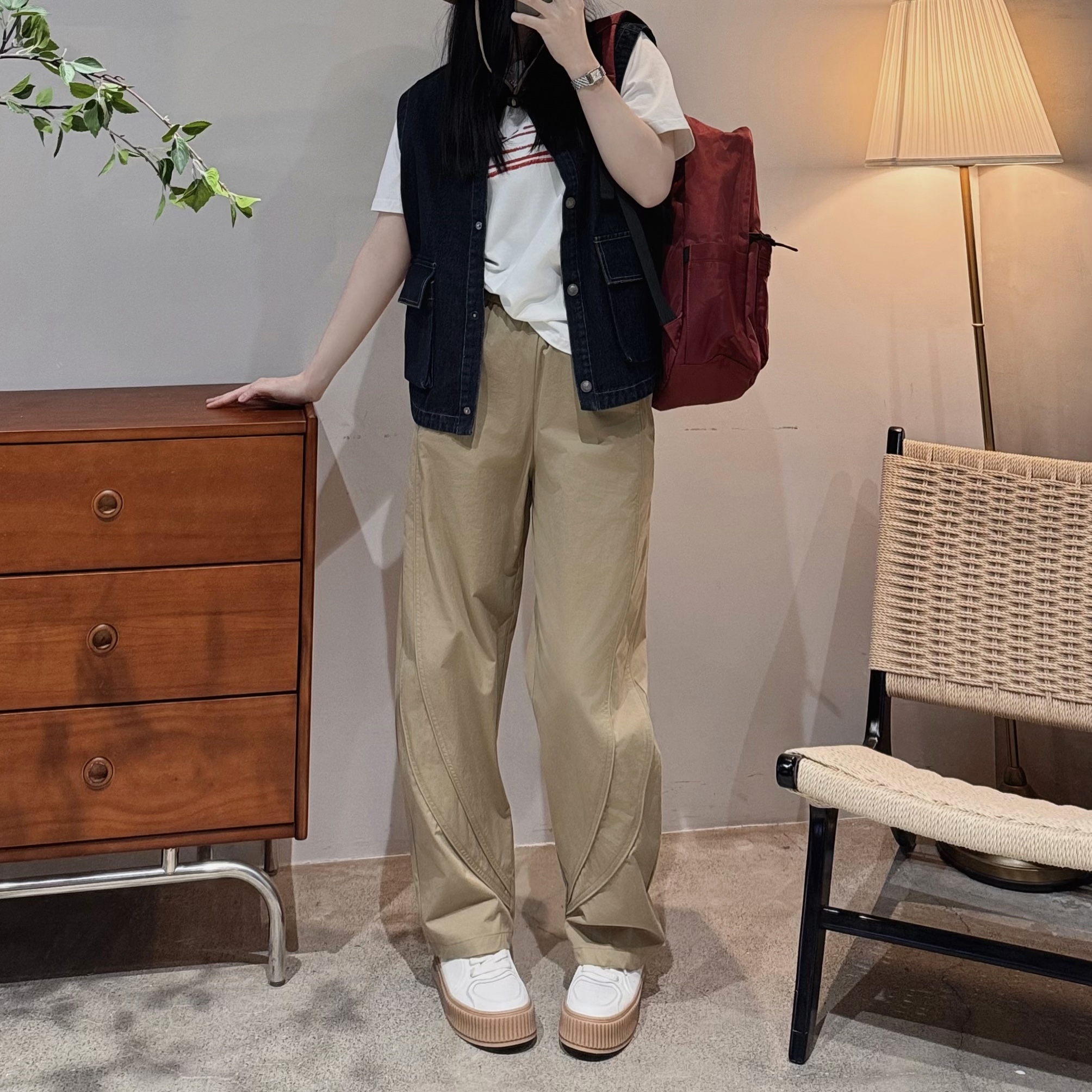 今婷韩系休闲百搭春季简约纯色极简风弯刀休闲裤长裤女-M25104305