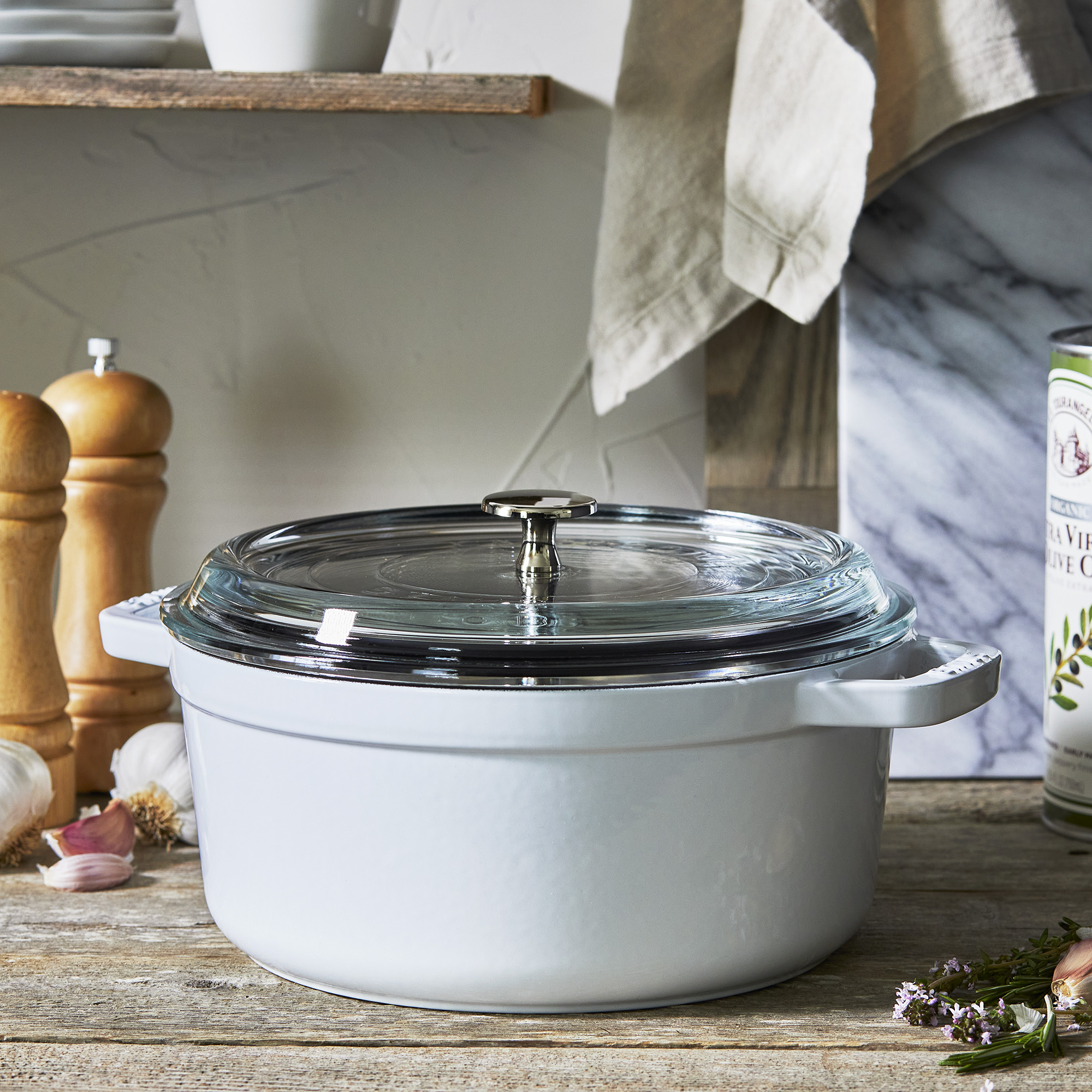 【A等品微瑕】staub/珐宝 珐琅铸铁玻璃盖圆形炖锅24cm 纯白 
