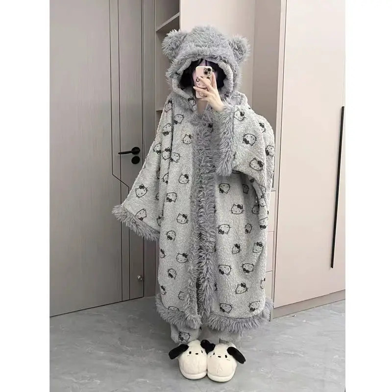 【灰Kt】冬款斗篷带袖子毛绒睡衣加厚睡衣外穿韩版网红时尚宽松显瘦