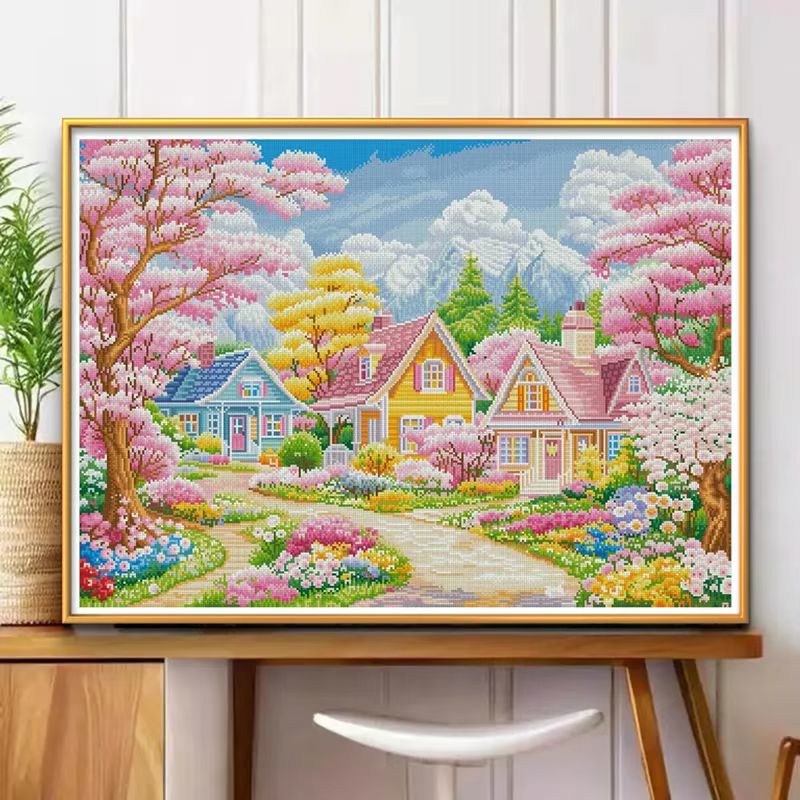 蒙娜丽莎十字绣新款樱花小屋十字绣大格四股绣55色100*75厘米