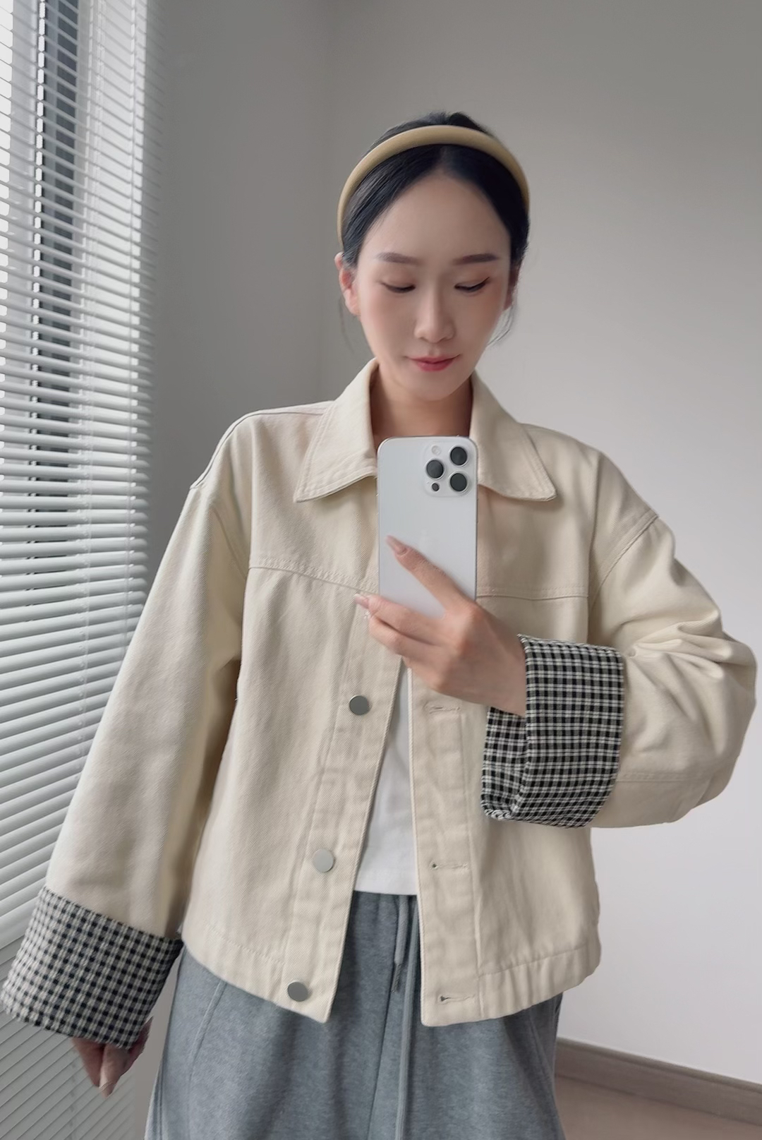 拼接格子袖翻领牛仔外套女宽松休闲复古短夹克开衫