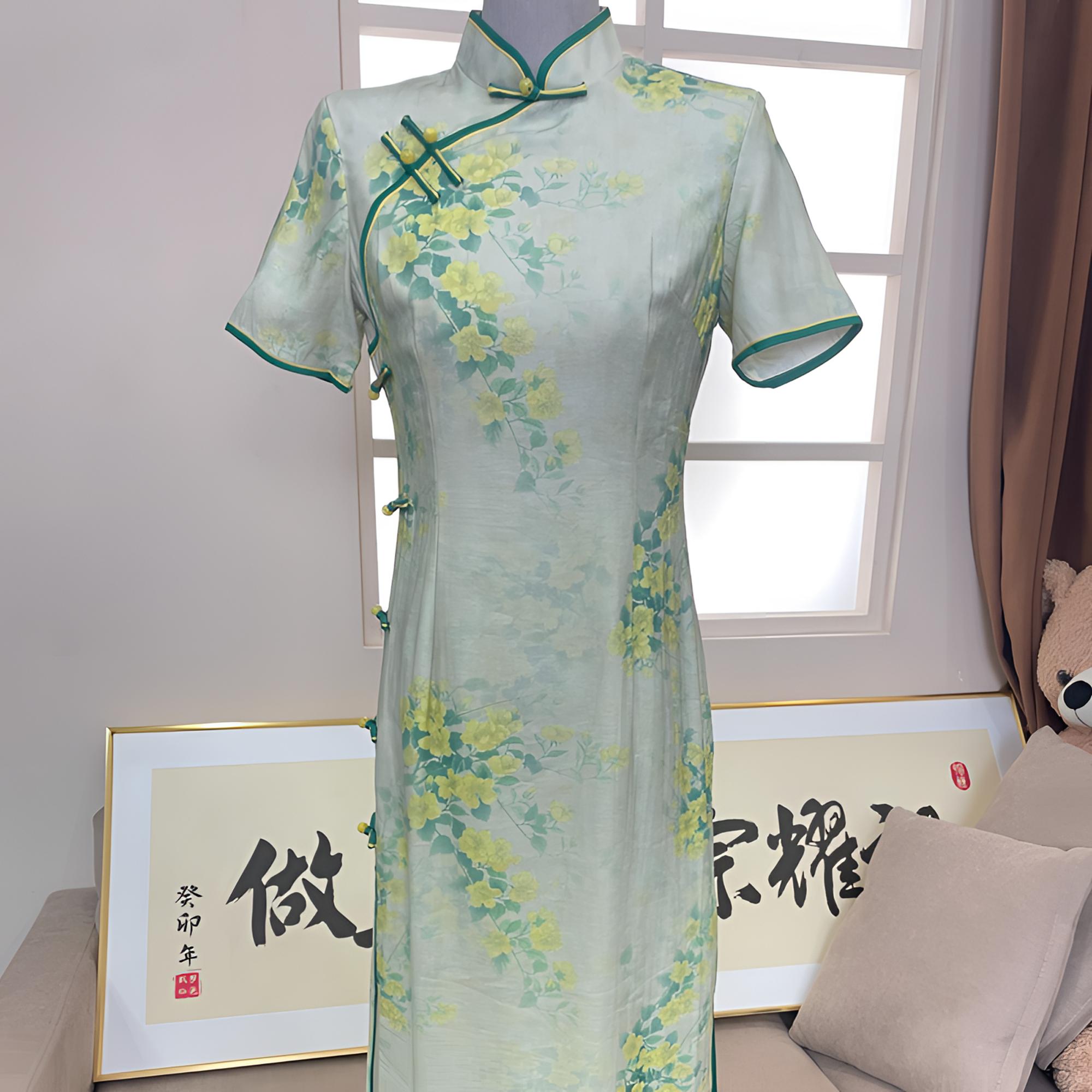 常规款日常森系旗袍时尚显瘦重磅双层黄色中长款优雅夏季绿色