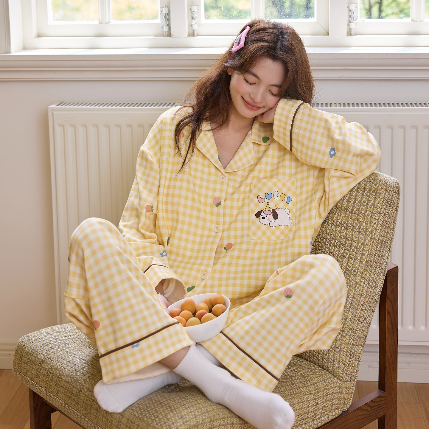 2025新款春秋冬纯棉卡通可爱翻领开衫长袖少女全棉外穿家居服套装
