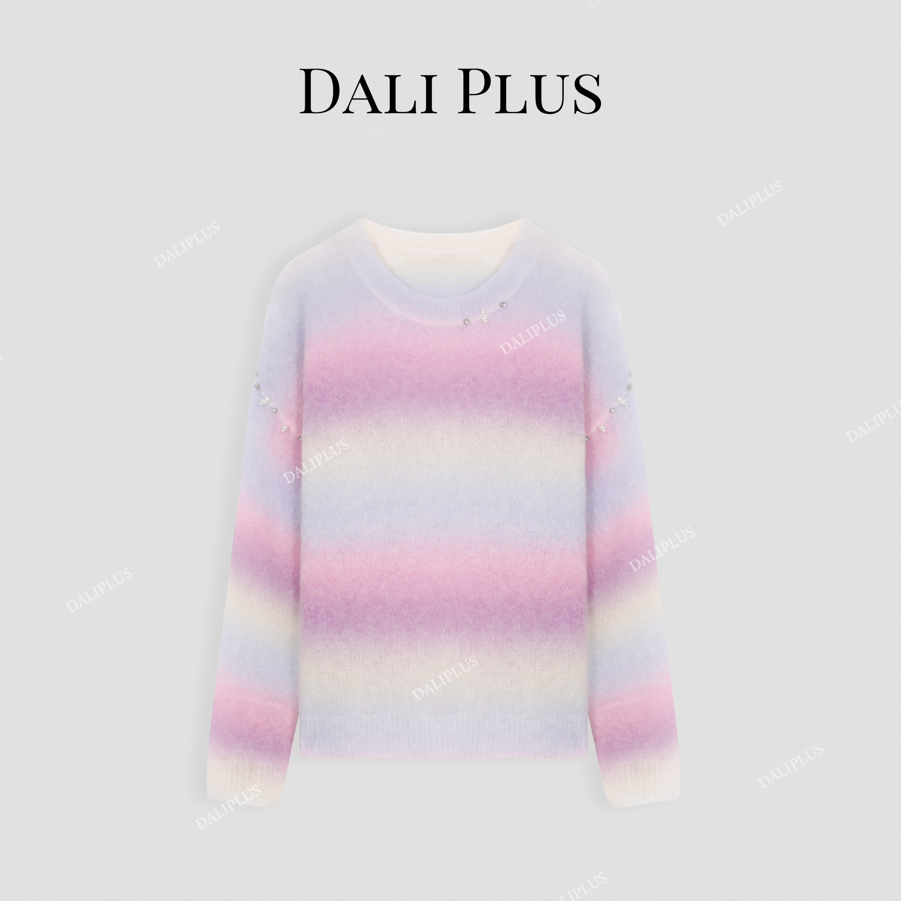 DALI PLUS马海毛梦幻渐变彩虹条纹圆领针织温柔慵懒毛衣-D4MM0714