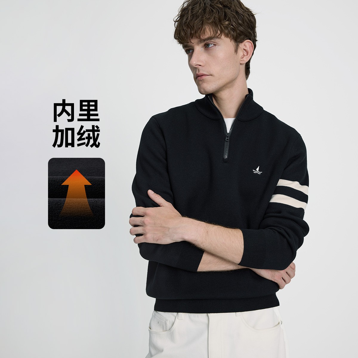 [加绒保暖]navigare意大利小帆船拉链半开领条纹针织衫男立领毛衣