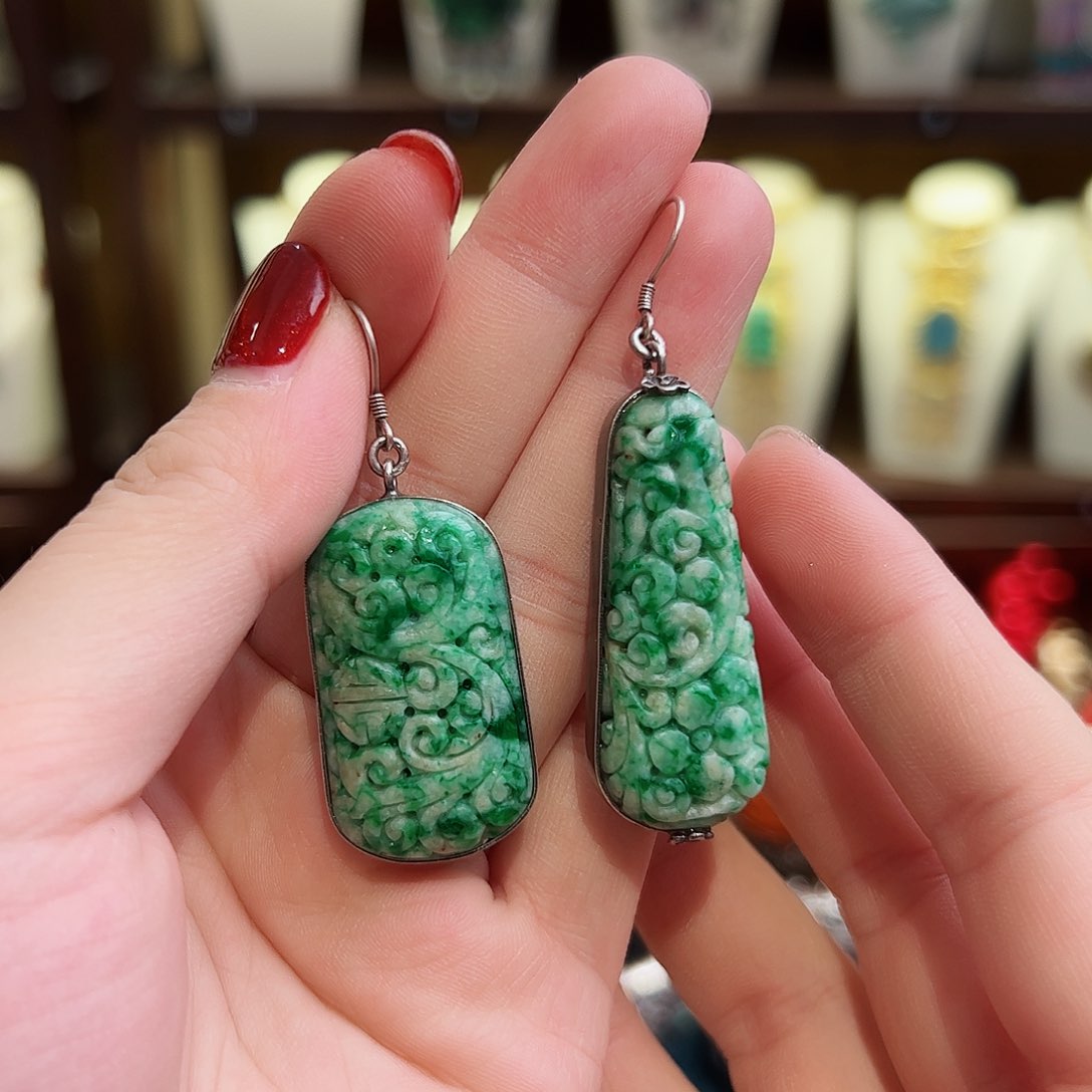 翡翠耳饰银S925镶嵌耳环