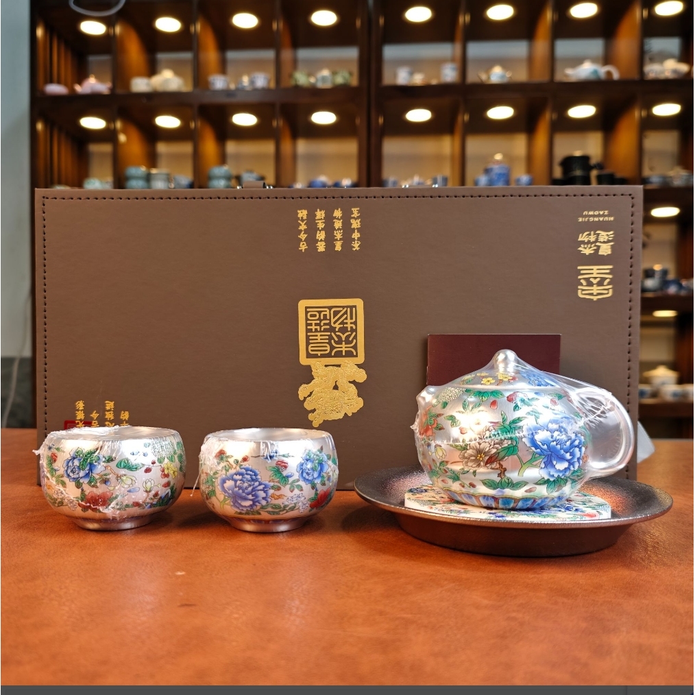 堆花泡茶西施壶一壶两杯带托盘礼盒1797