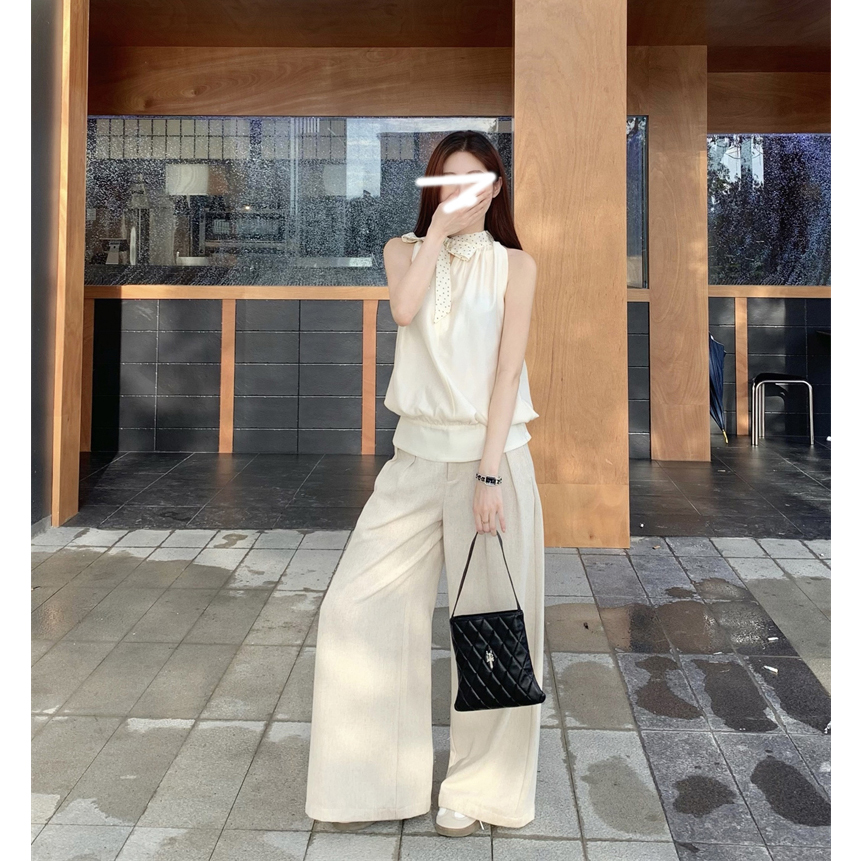 法式高级感露肩挂脖上衣T恤+宽松时尚气质休闲长裤子两件套女夏季