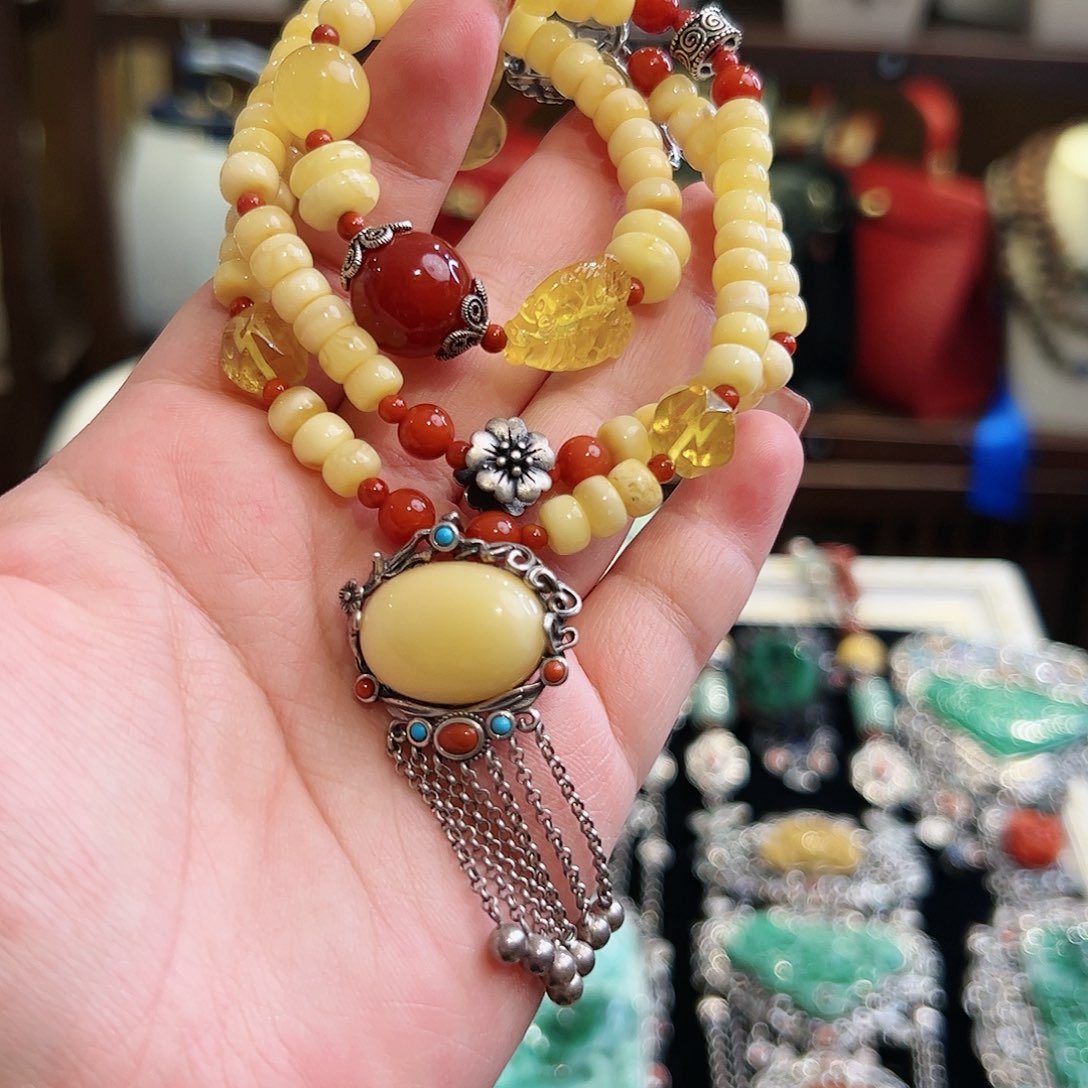 琥珀手链银S925镶嵌古风