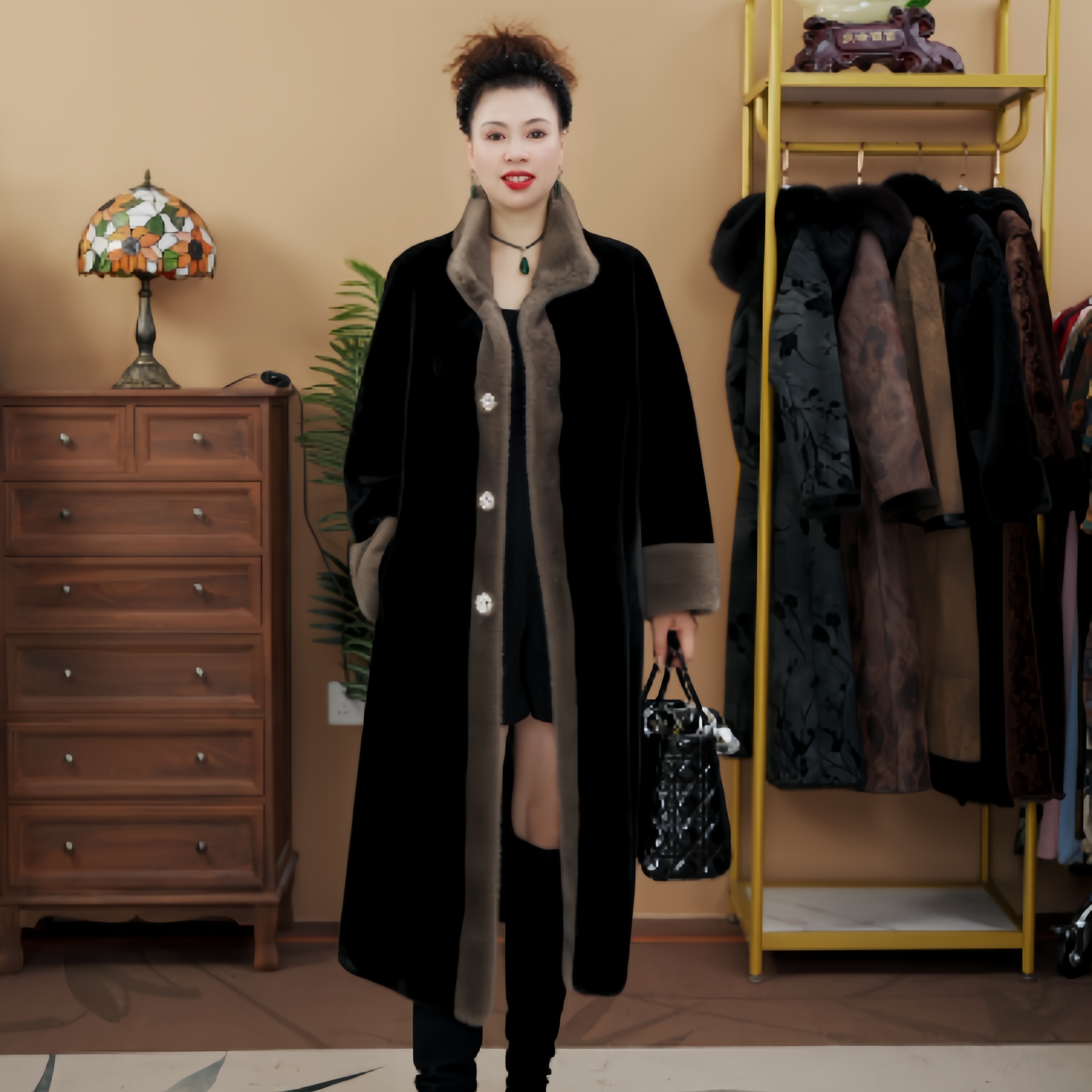 9003 冬季时尚一体立领中长款冬季女士高端百搭外套