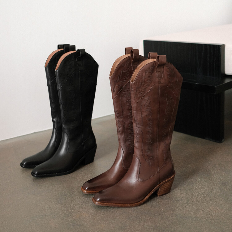 【跟高6CM】2025秋冬新款尖头粗跟时尚西部靴百搭休闲风长筒长靴女