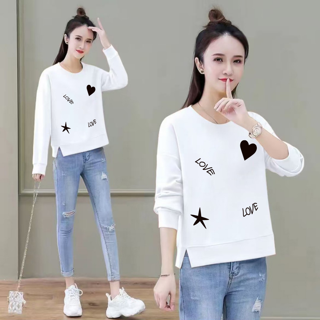 纯棉开叉卫衣长袖T恤男女不规则开叉宽松版百搭时尚白色上衣