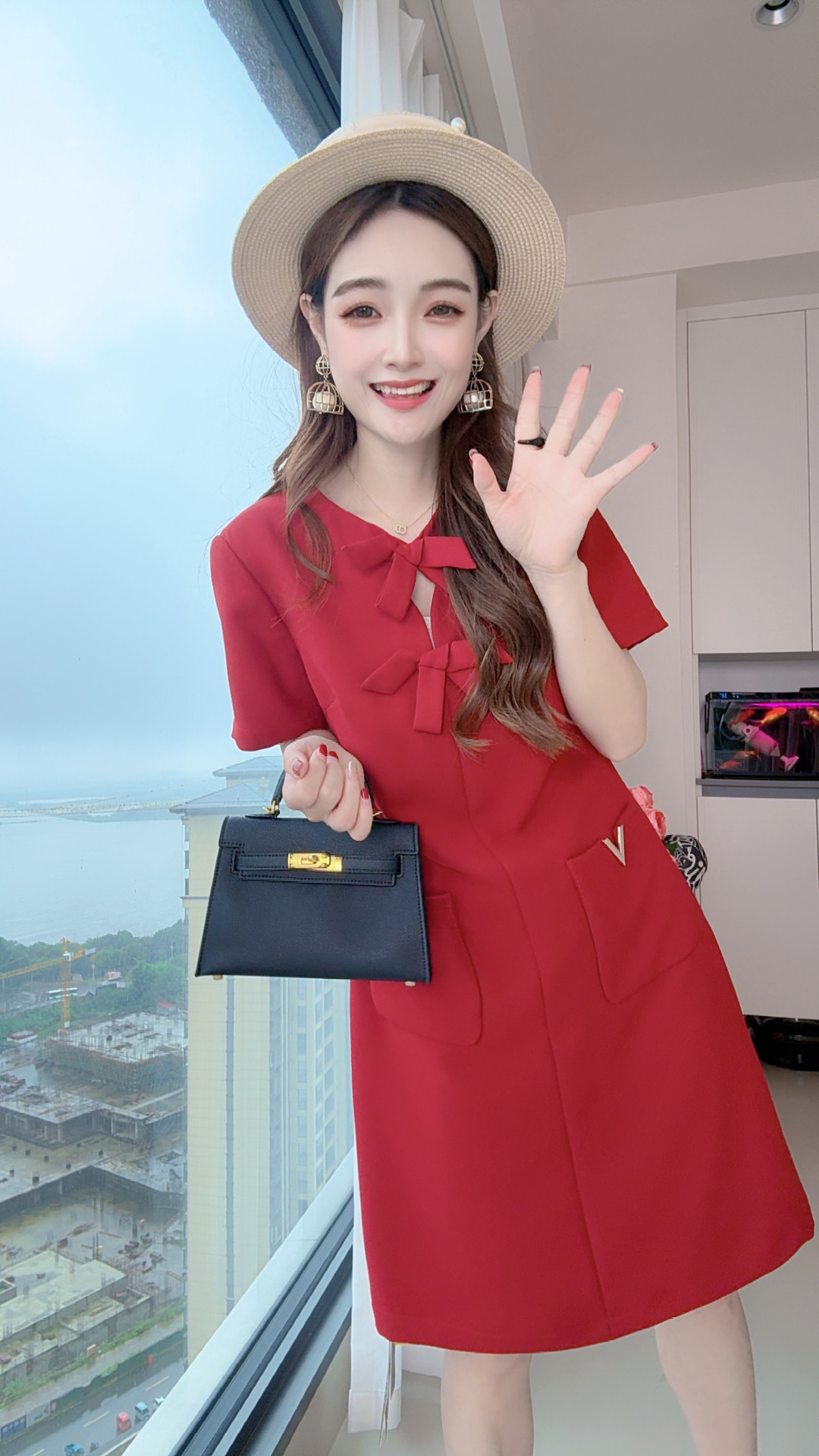 【戛纳之光】V领显瘦高级定制时尚名媛风连衣裙24318