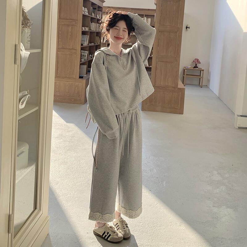学院风灰色休闲连帽卫衣套装女2025春秋新款蕾丝花边阔腿裤两件套