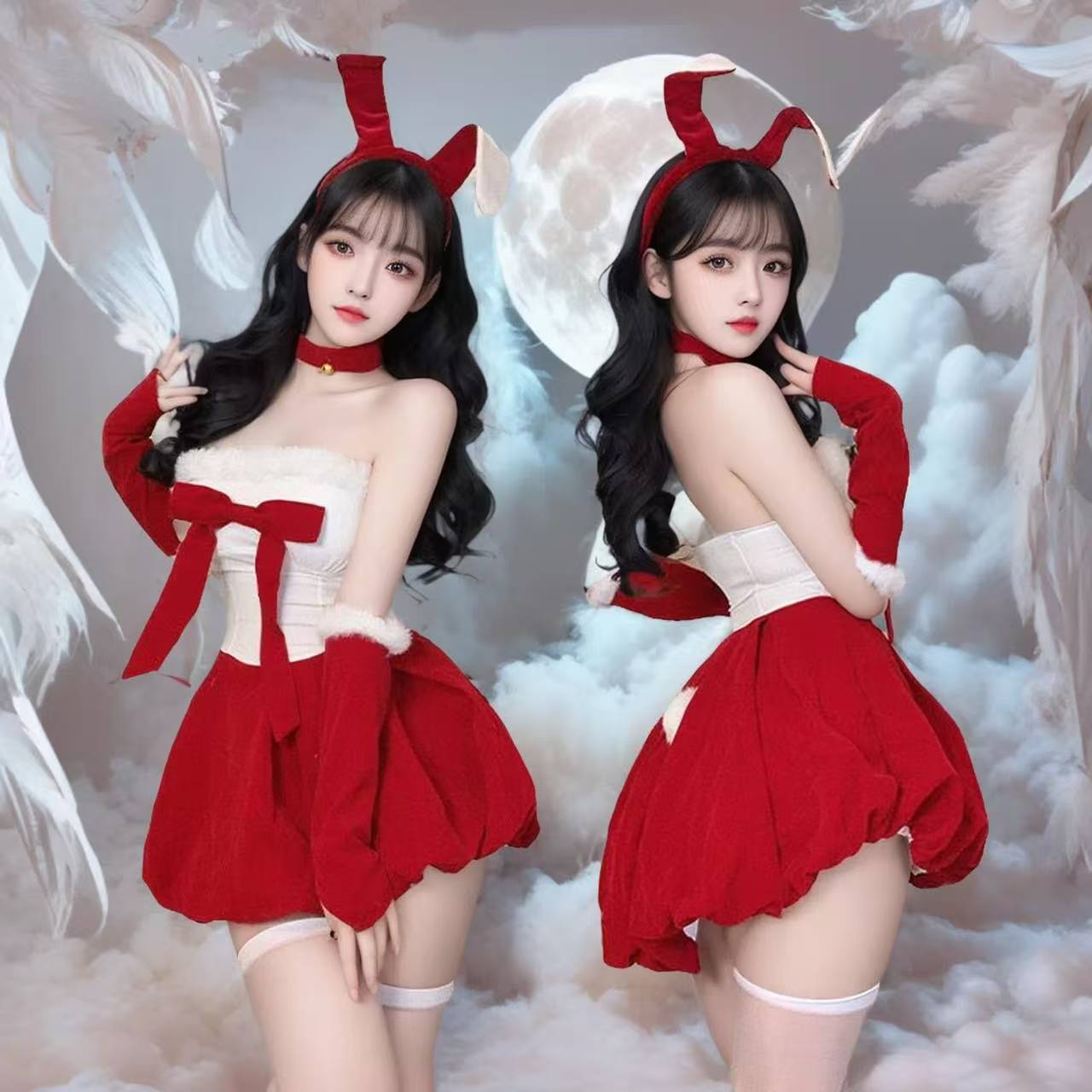 80-120 纯欲圣诞节衣服丝绒抹胸礼服裙子兔女郎红色性感睡衣