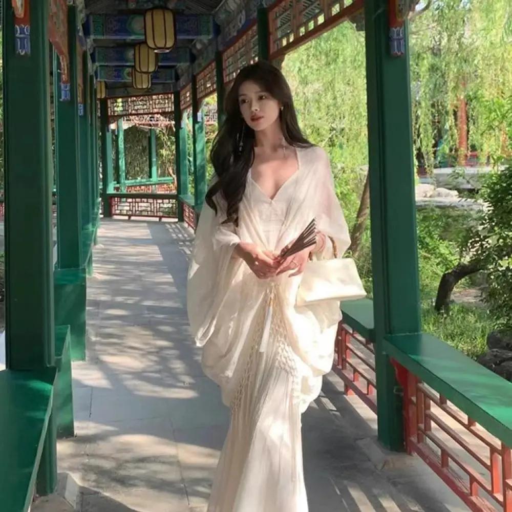 B119禅意风套装白色新中式苏州穿搭披肩连衣裙晨袍云南大理长裙春