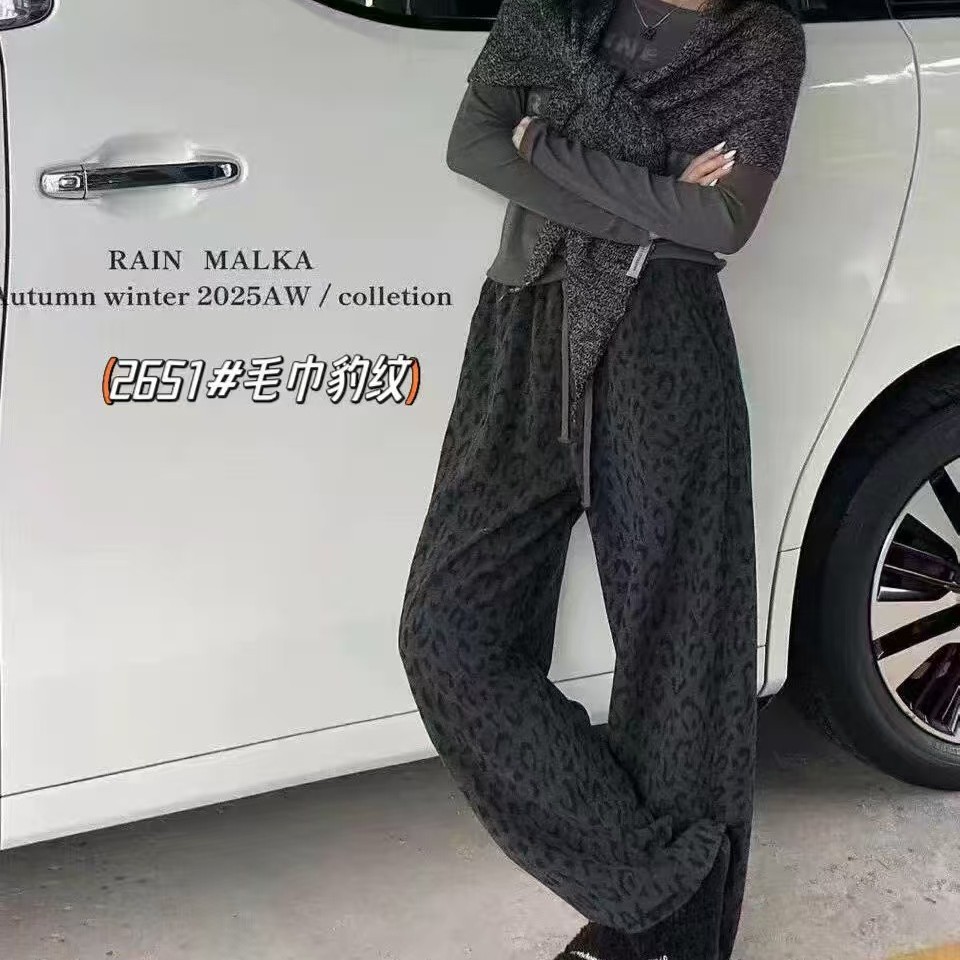 MXE2651冬季加绒加厚高腰显瘦豹纹阔腿休闲裤（裤长100左右）