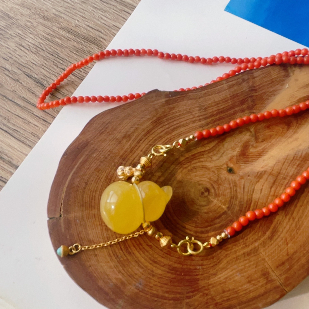 天然蜜蜡葫芦锁骨链南红小米珠，17*25.珠链2.8mmjdl 多样性发其一