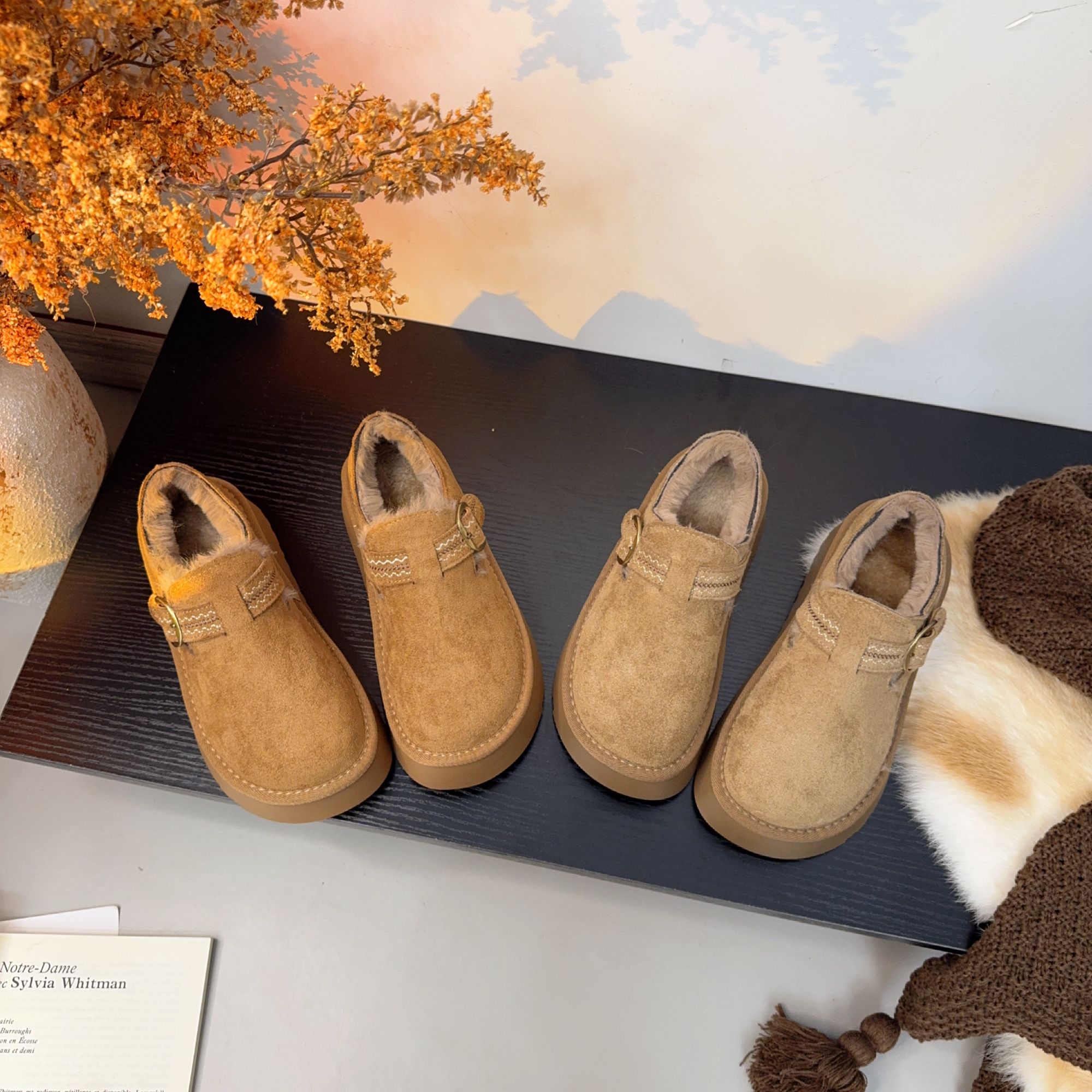 【】增高5CM加绒加厚雪地靴纯色休闲风冬季棉鞋勃肯鞋刺绣软底百搭