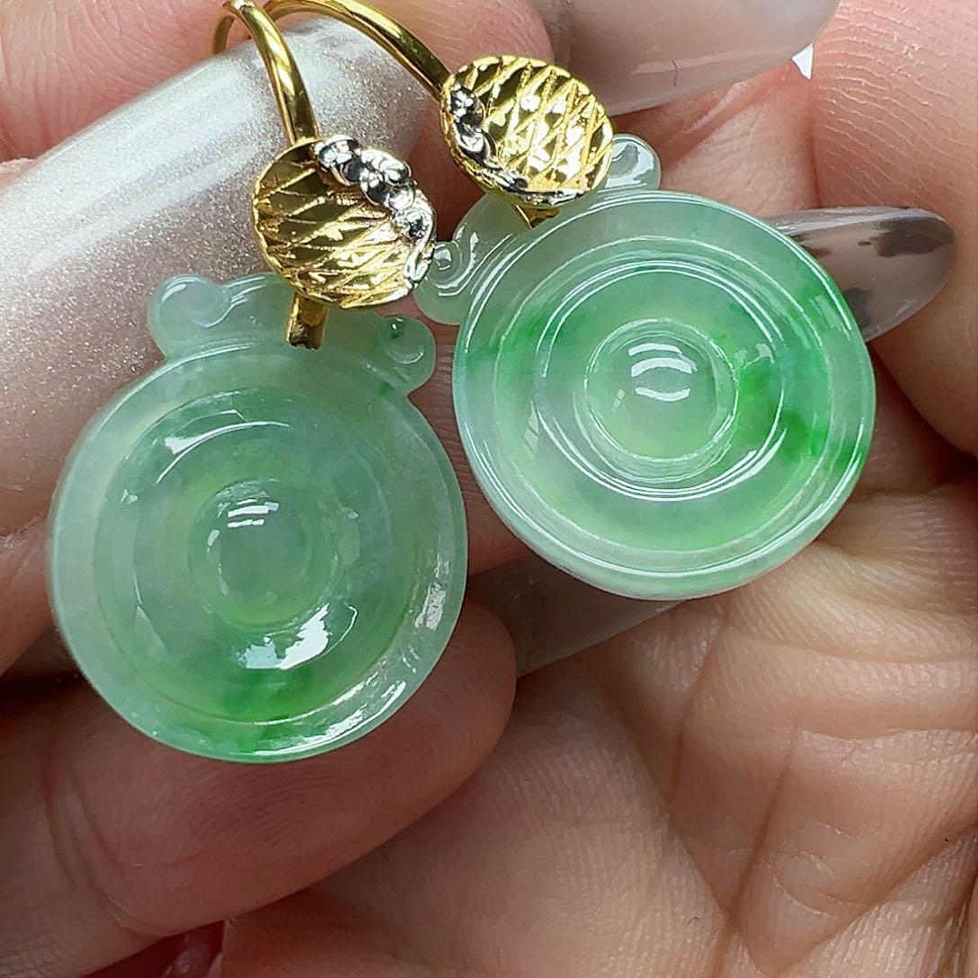 翡翠耳饰18K金镶嵌天然缅甸A货翡翠