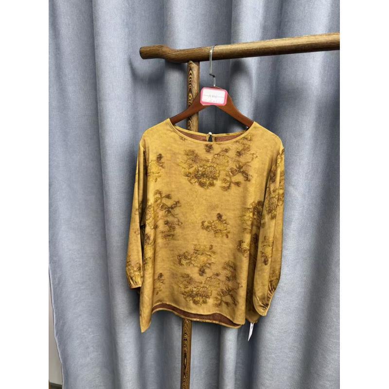 2025秋季新款简约百搭新中式桑蚕丝圆领上衣女A356