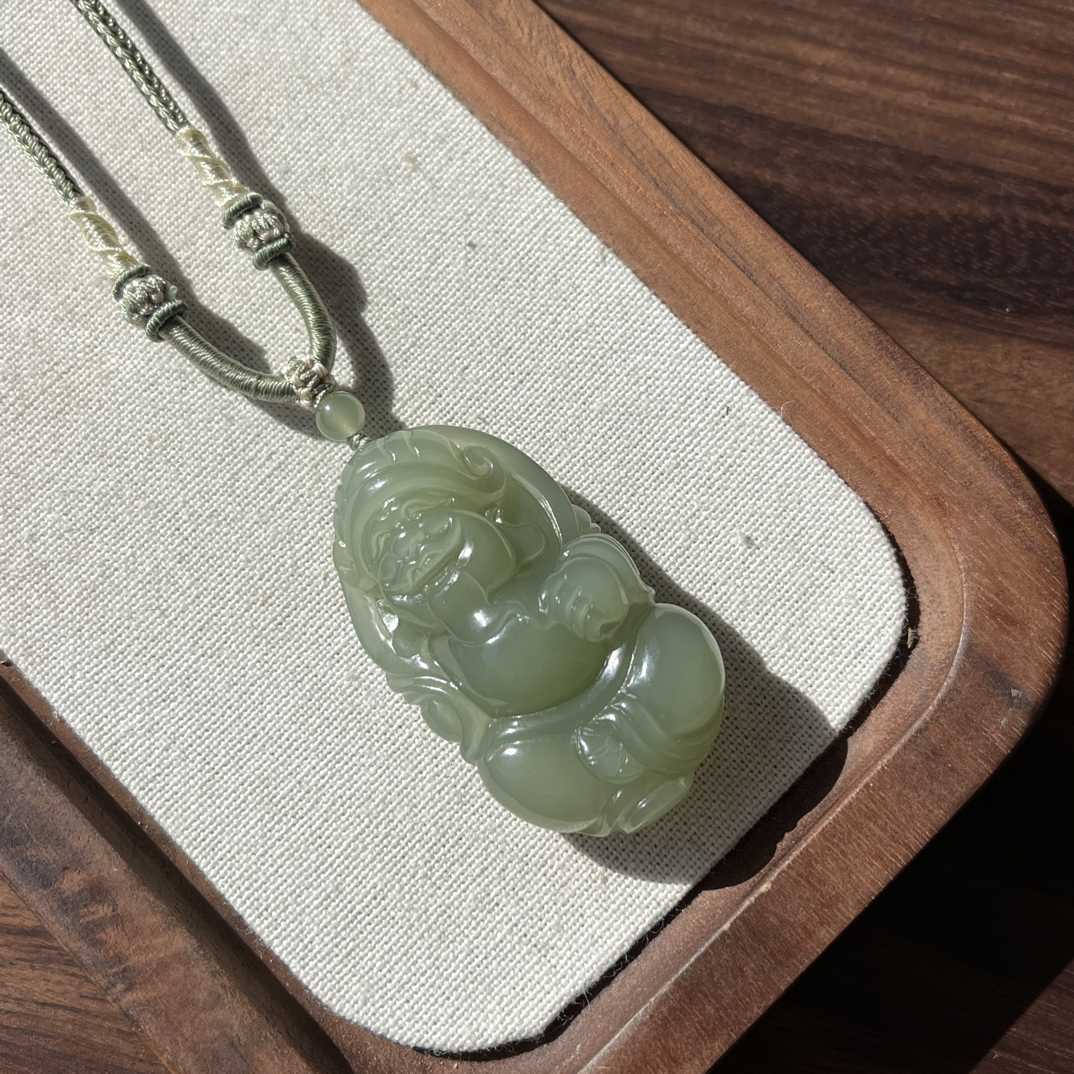 和田玉青海料湖水绿财神吊坠国风首饰