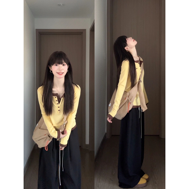 大码韩系复古撞色假两件拼接长袖t恤女秋季内搭修身显瘦时尚上衣
