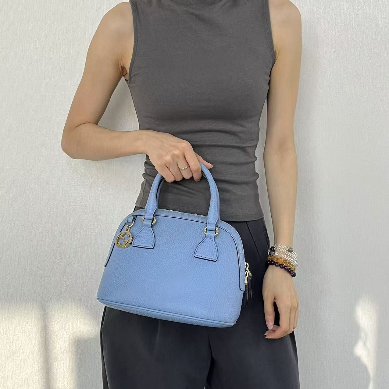 95新 GUCCI/古驰 孔雀蓝荔枝纹贝壳手提包/云海优选