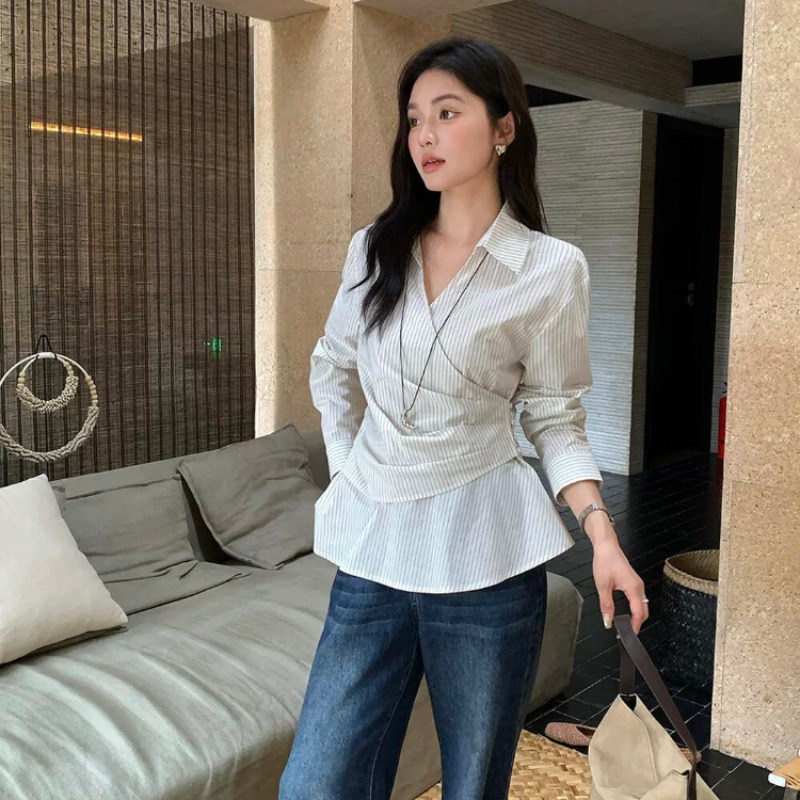 微胖女装秋季新款韩系百搭收腰显瘦衬衫胖MM长袖小衫条纹上衣8322