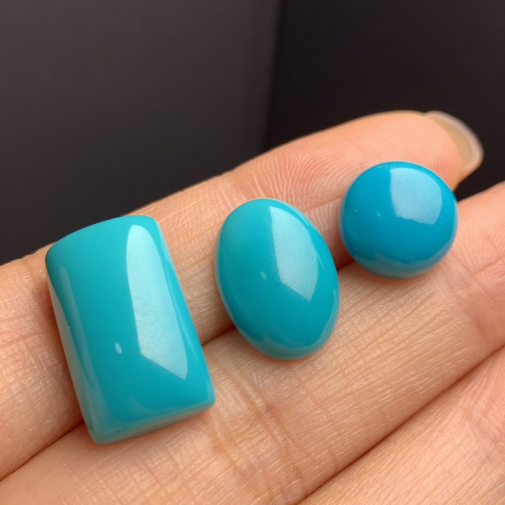 湖北原矿绿松石高瓷蓝绿玉化料蛋面戒面一组