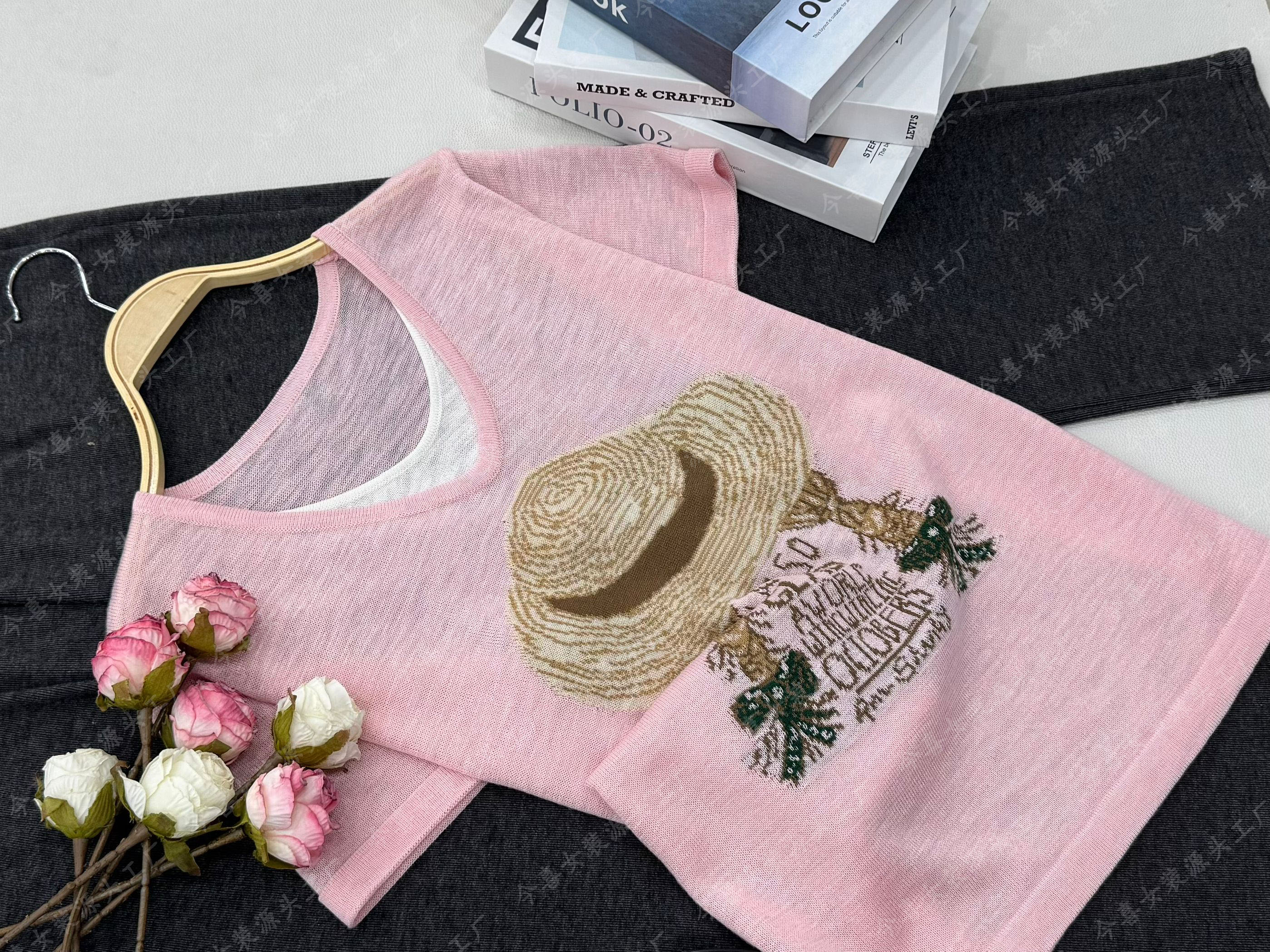 【粉色草帽假两件】新款时尚短袖套头上衣QC3334