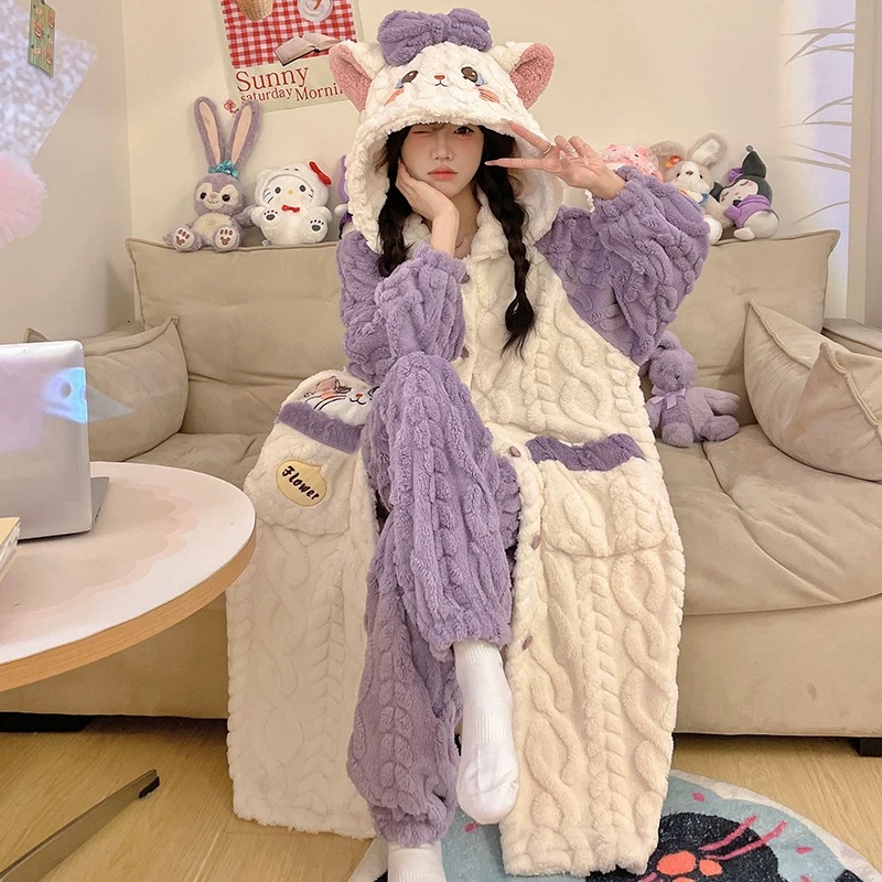 珊瑚绒睡袍女秋冬季加绒加厚睡衣2026年新款卡通慵懒风家居服套装