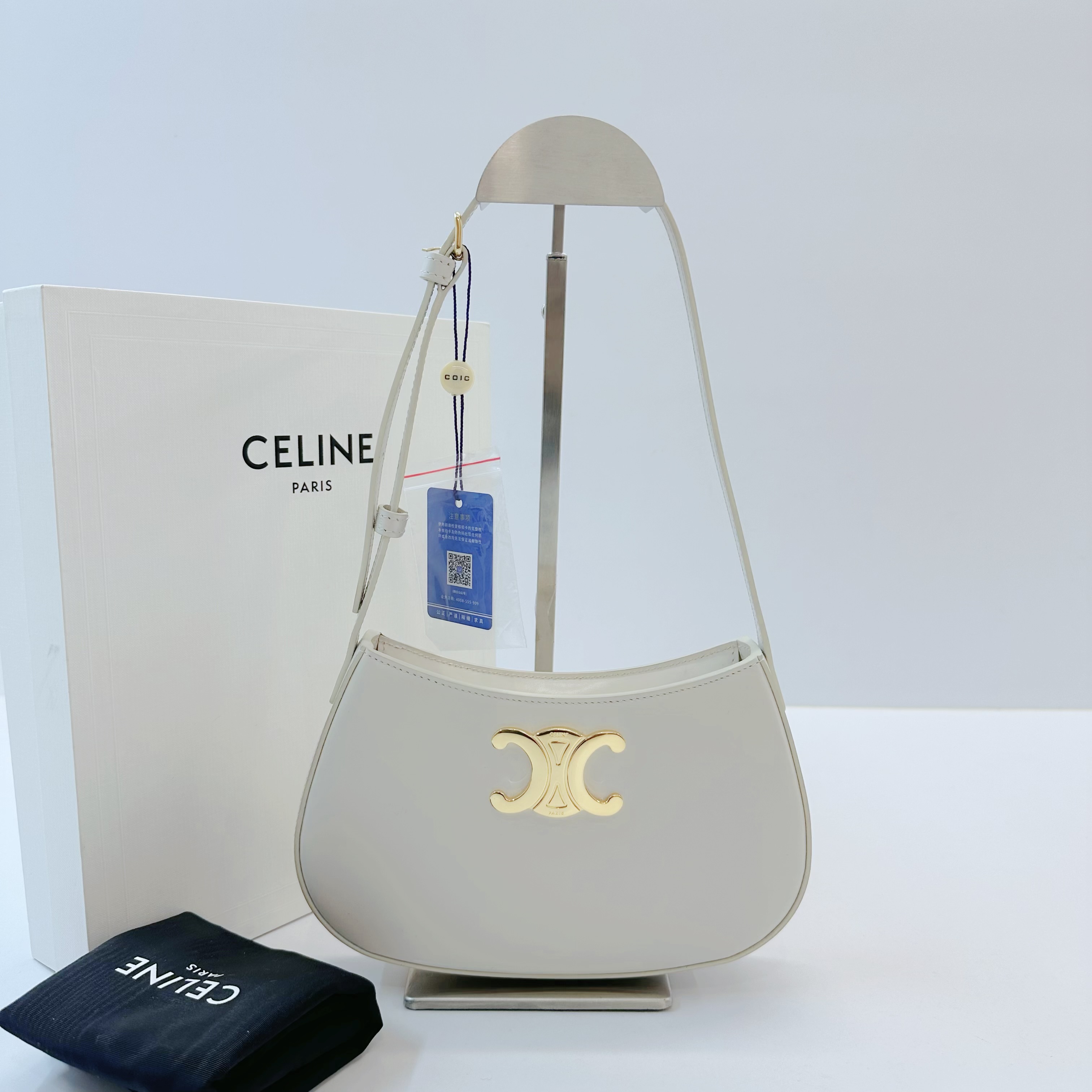 95新 Celine/思琳 98新 Tilly 凯旋门金扣米白色腋下包