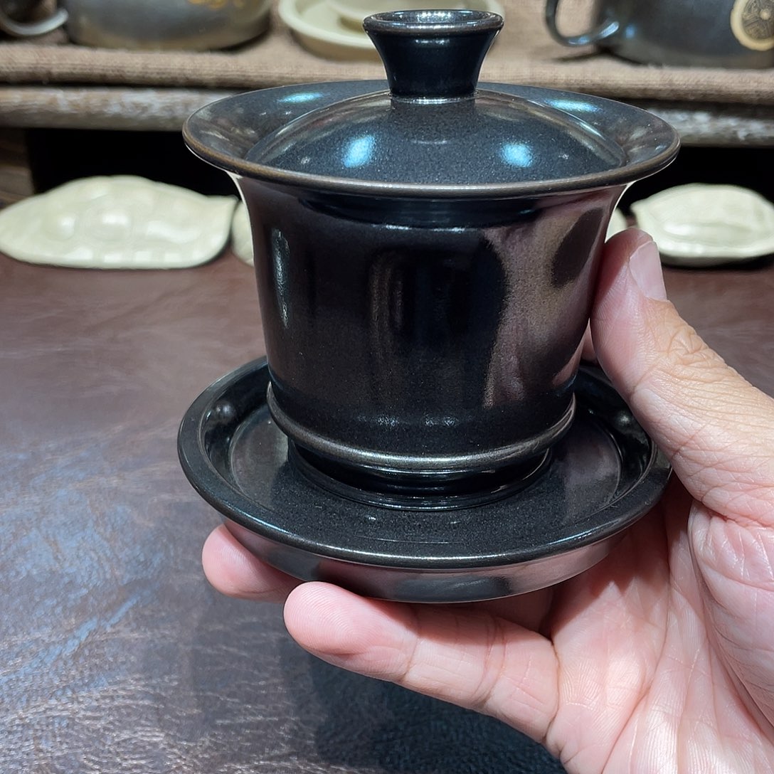 H***！泥塑放漏弼双黑釉盖碗150毫升