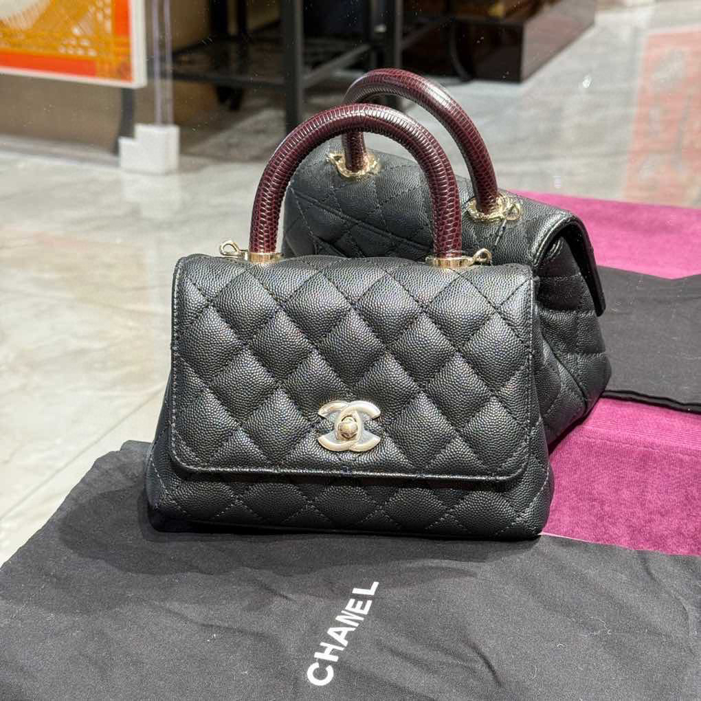 99新 Chanel/香奈儿 黑金荔枝mini cocohandle 红蜥蜴手柄包 芯