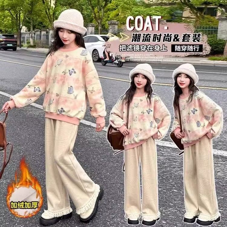女童秋冬加绒套装韩版洋气蝴蝶上衣阔腿裤休闲两件套