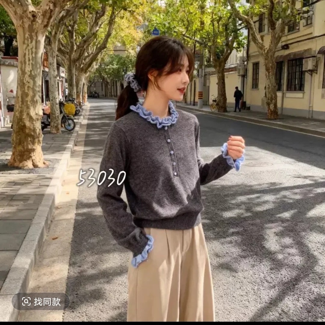 棉麻木耳边拼色毛衫