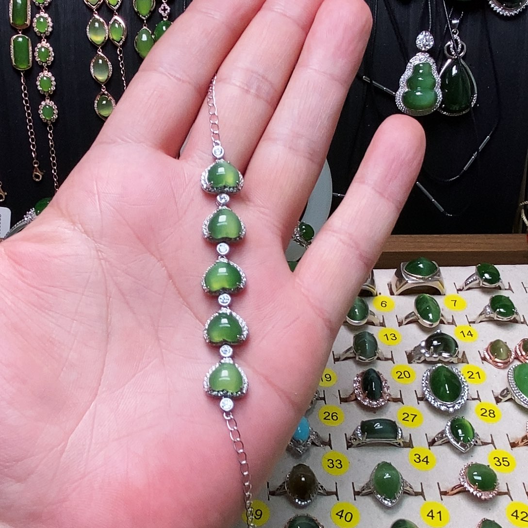漫***ฅ和田玉（碧玉）银S925镶嵌手链