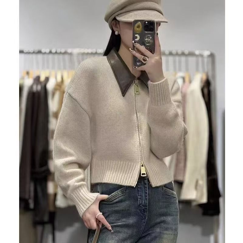 设计感拼接皮领双拉链针织衫毛衣女2025秋冬新款百搭软糯复古上衣