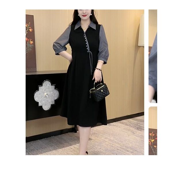 胖依依大码女装气质连衣裙新款时尚翻领拼接短袖显瘦裙子ZB6736
