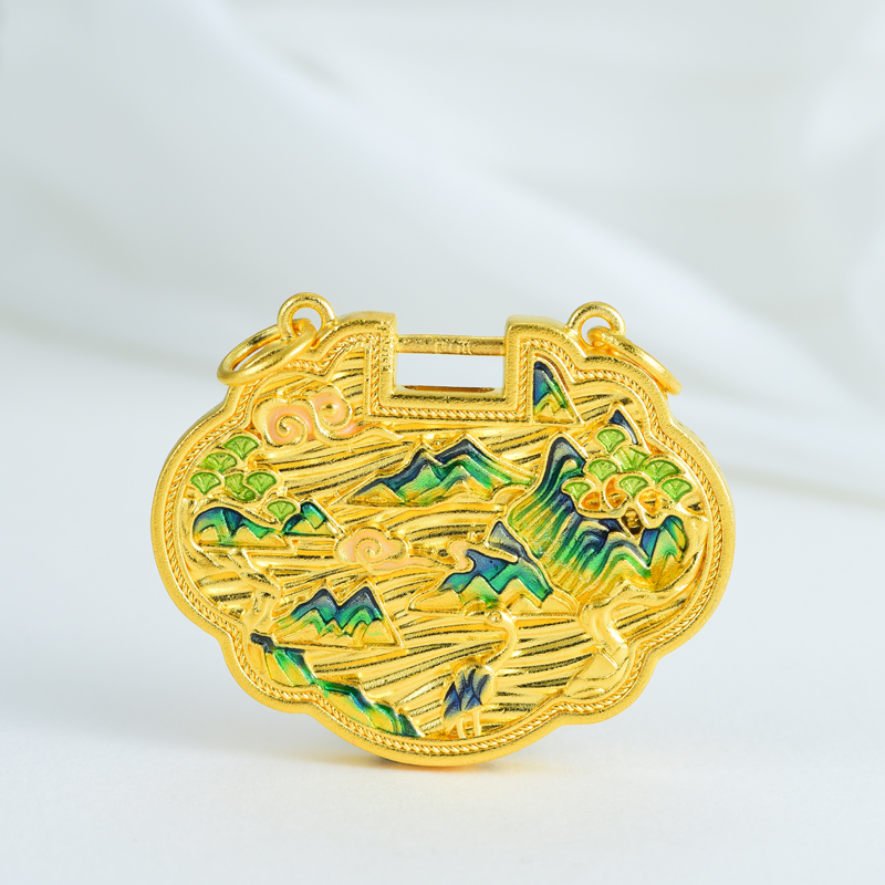 吊坠足银 『山水楼阁平安锁』镀金兰花花丝花边手工经典民族风吊坠