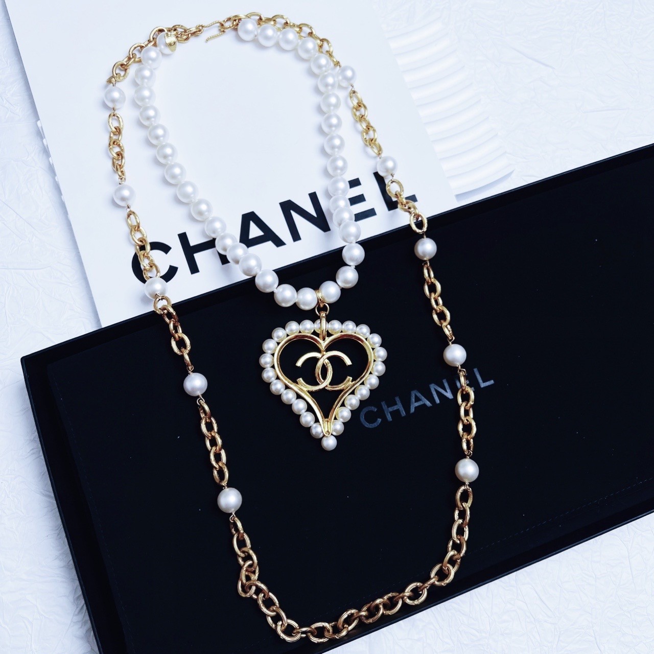 95新 Chanel/香奈儿 柚礼中古/香奈儿双层珍珠桃心大项链LZ501138