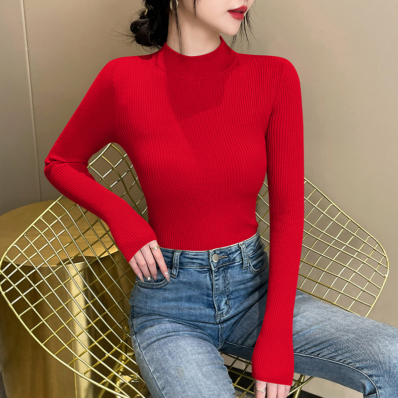 红色针织衫女内搭打底小高领2024年秋冬紧身保暖长袖修身上衣207Z