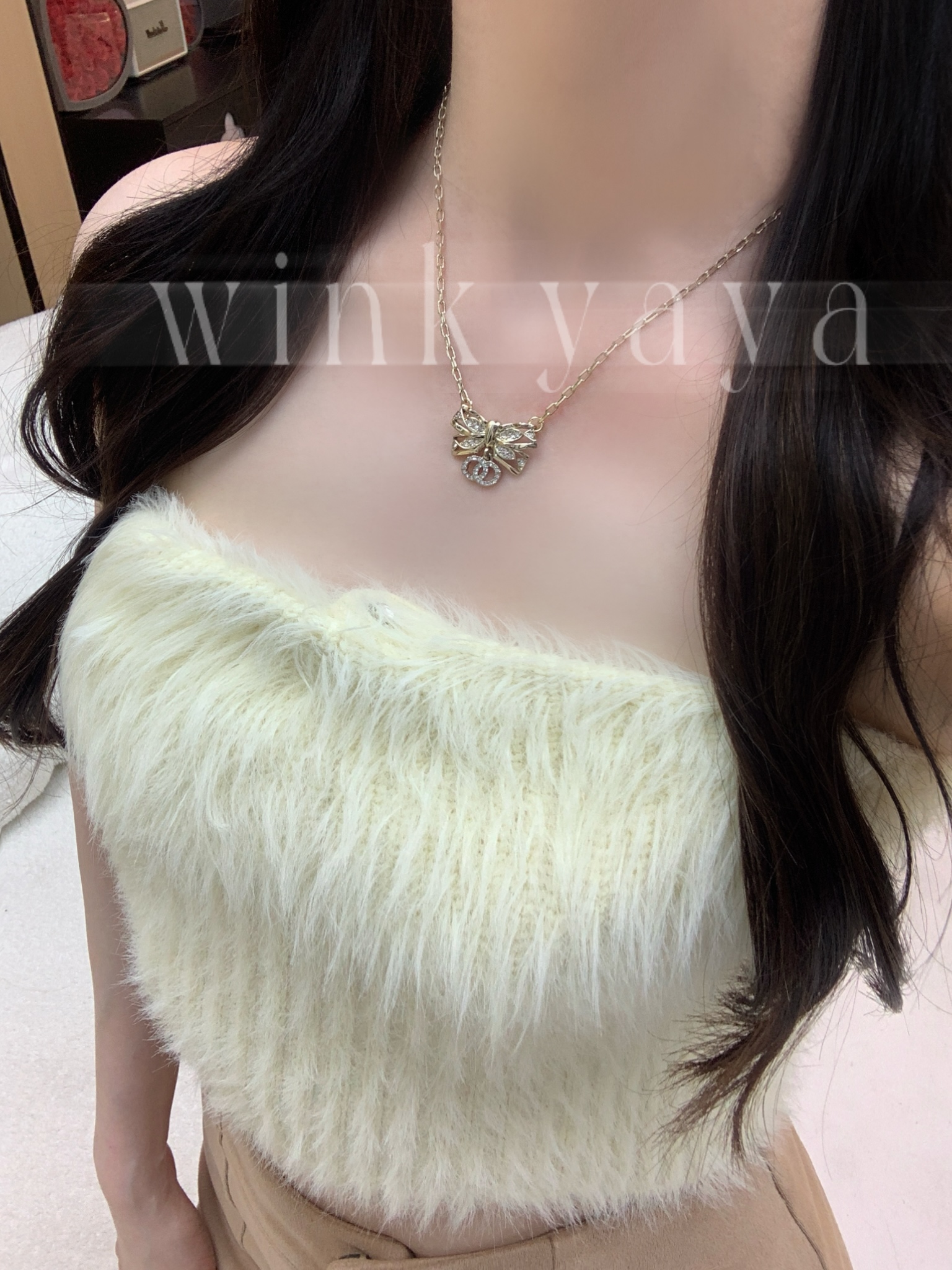 铜合金项链 懒懒同款蝴蝶结浅金色C项链ALAL844