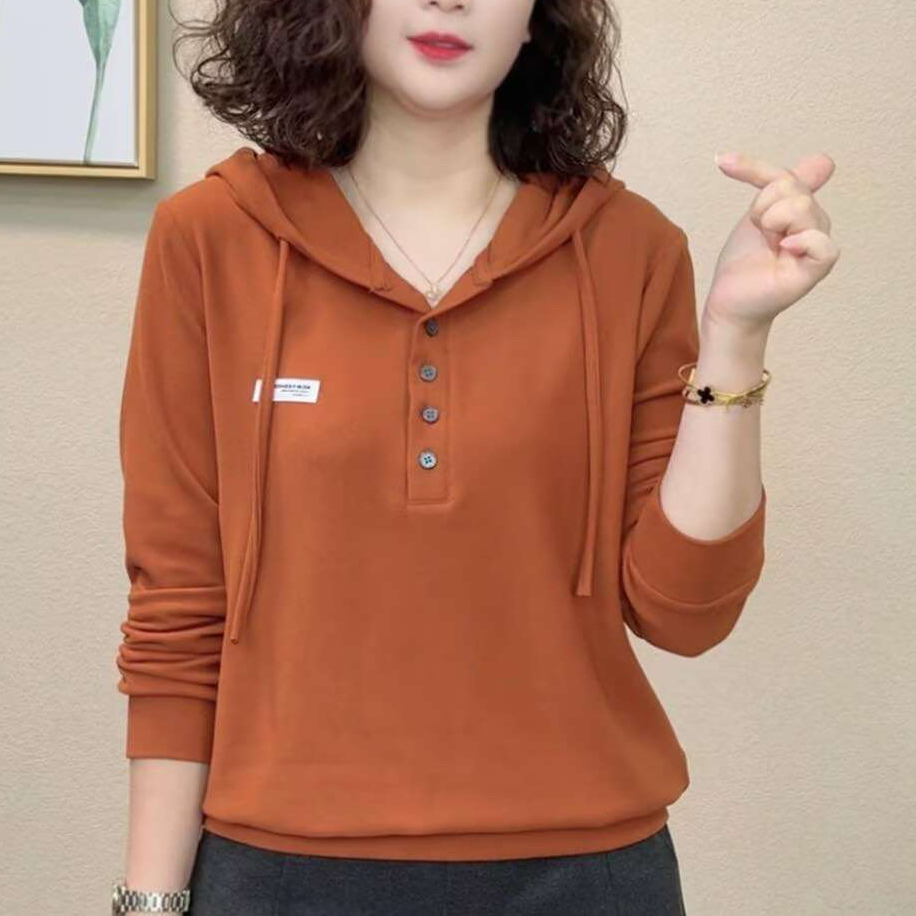 2025秋季新款纽扣款时尚洋气休闲百搭宽松显瘦连帽女士卫衣