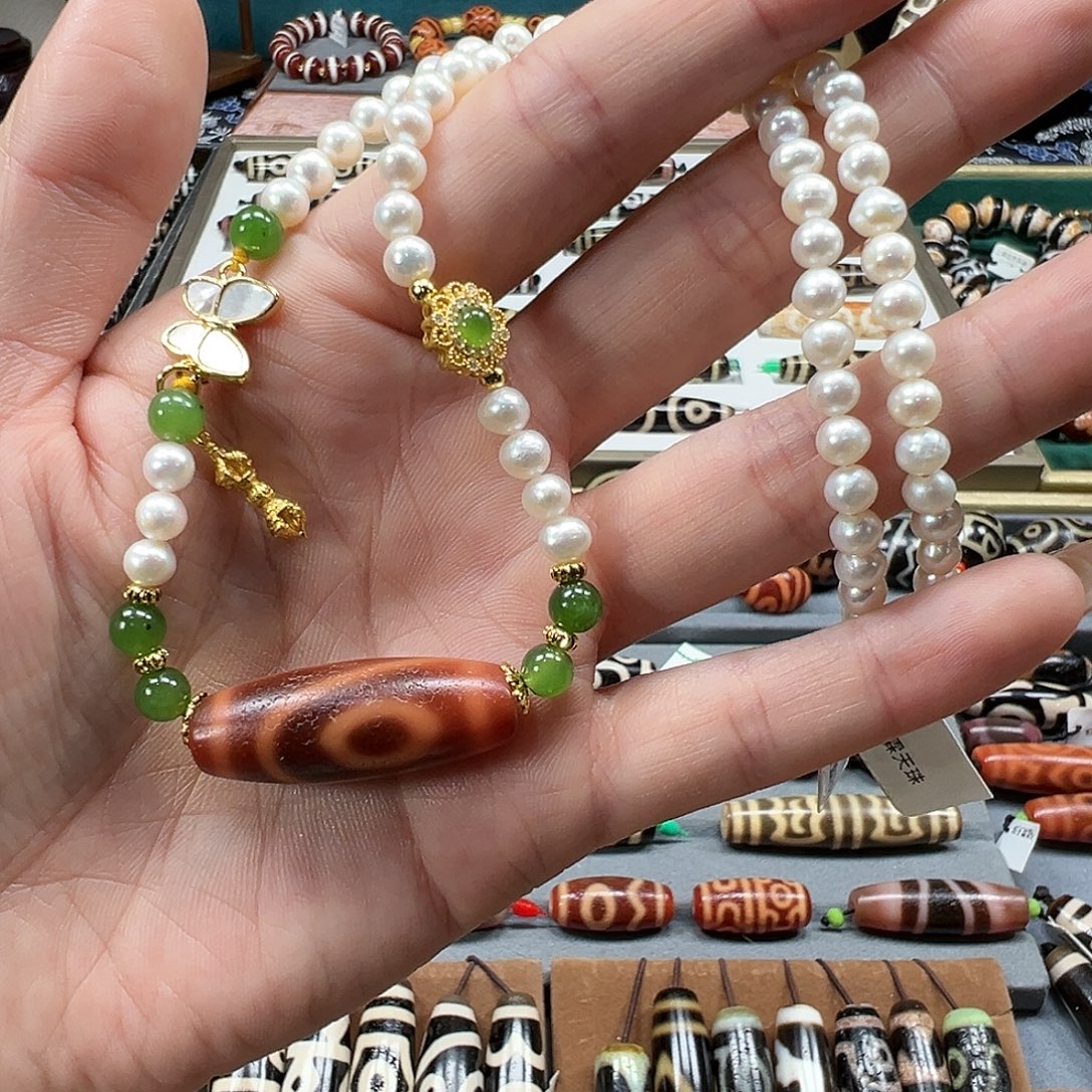 玛瑙/玉髓未镶嵌珠宝半成品小卢如意两眼珍珠套链