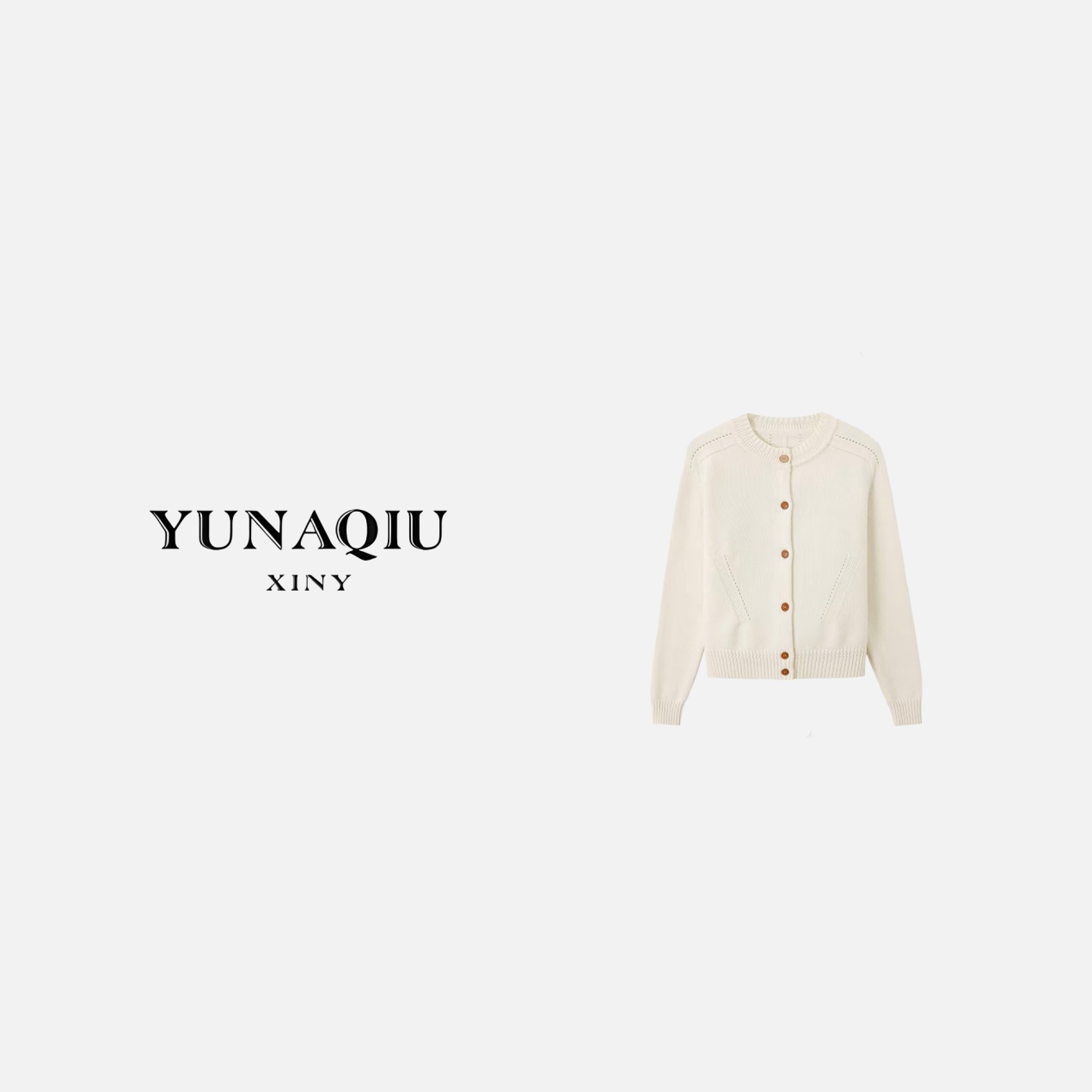 YUNAQIU-土星提花单排扣米白色羊毛针织开衫-11900