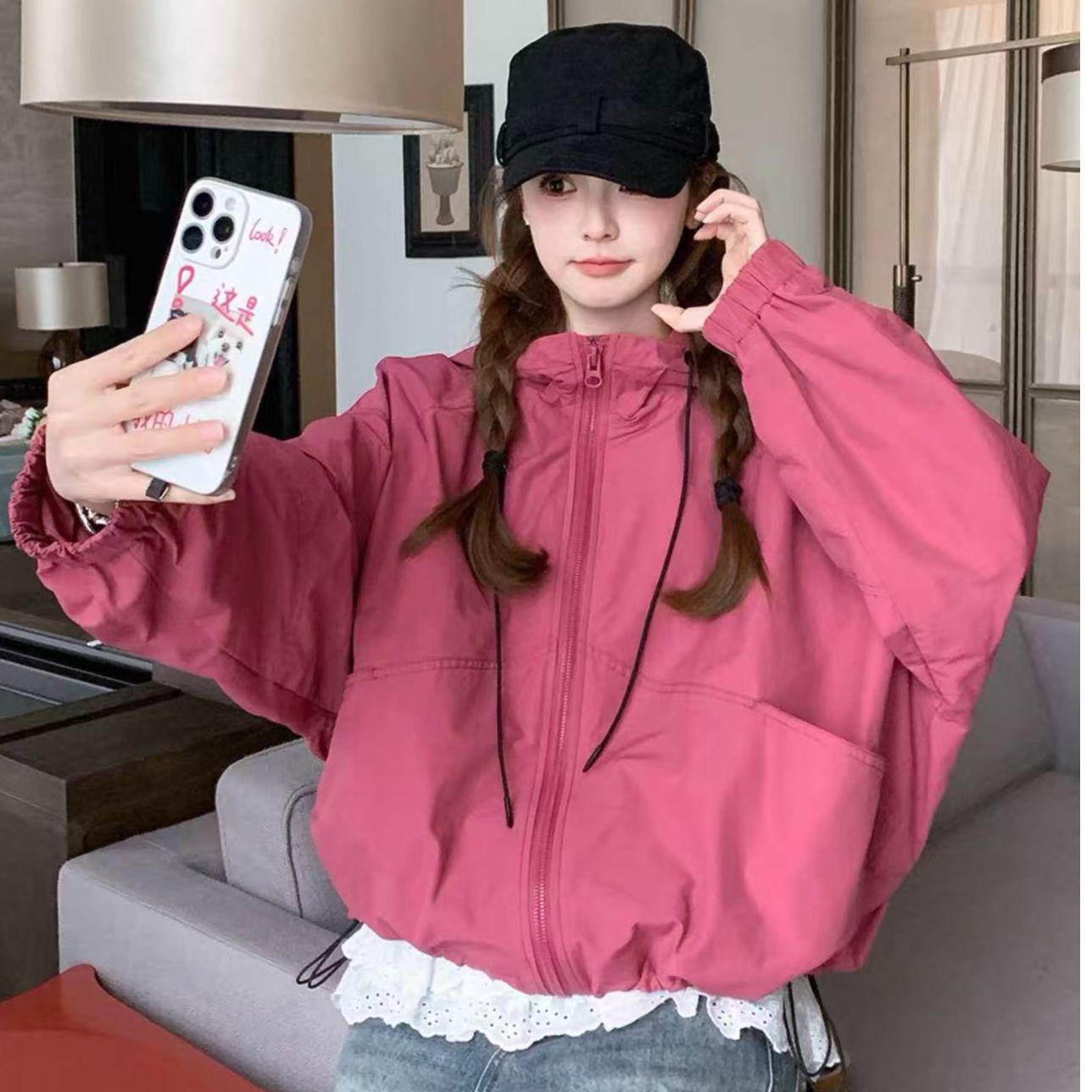 2025新款【胭脂玫瑰】休闲时尚百搭冲锋衣连帽宽松韩版
